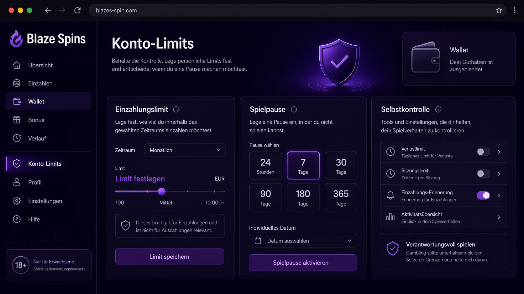 Konto, Limits und verantwortungsvolles Spielen